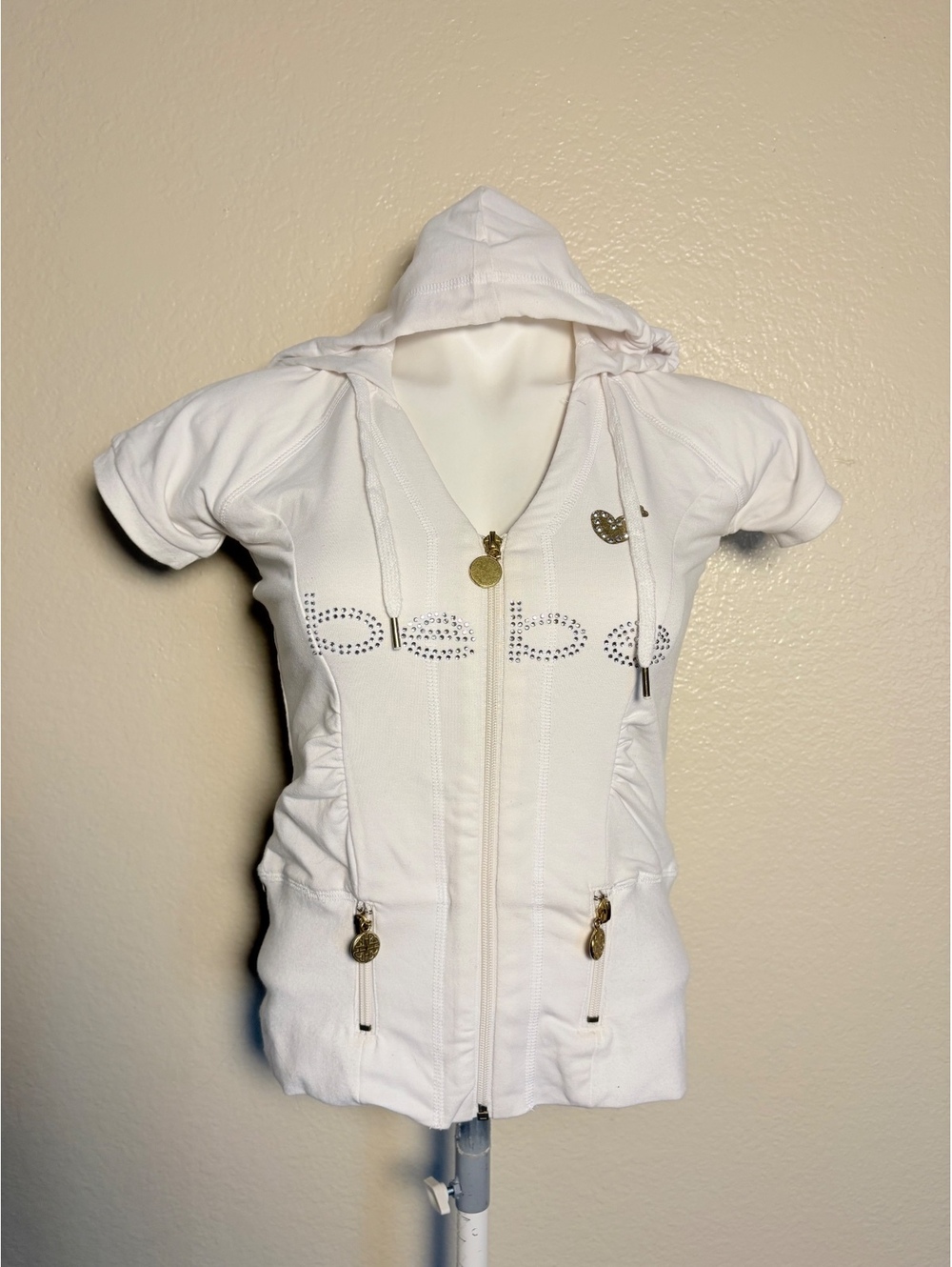 Y2K Bebe Short Sleeve Zip-Up Hoodie Rhinestone Logo Gold Accents Baddie Bodycon